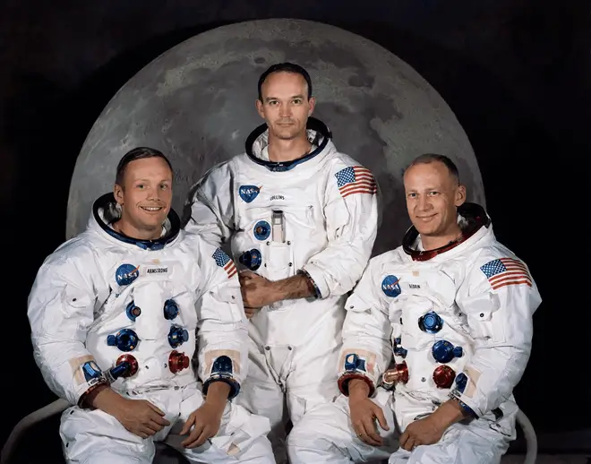 Équipage d'Apollo 11 en combinaison spatiale : Neil Armstrong, Michael Collins et Buzz Aldrin